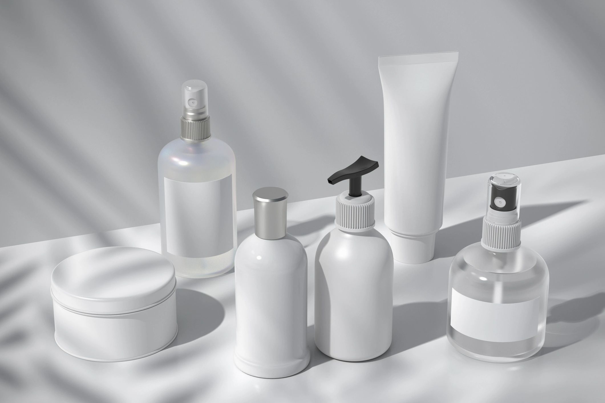 Beauty product bottles in a curated collection